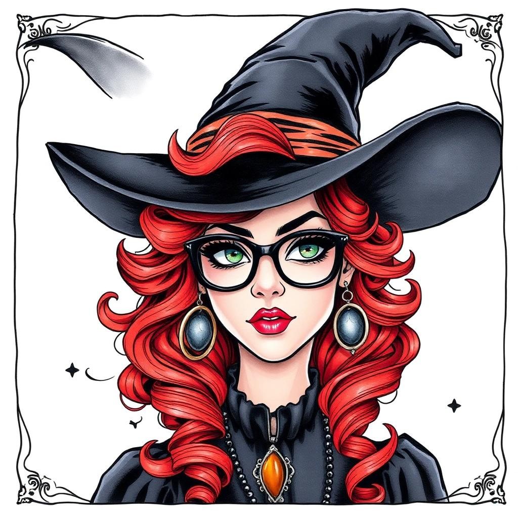 Image with seed 678613149 generated via Stable Diffusion through @stablehorde@sigmoid.social. Prompt: comic book frame of a beautiful witch with curly red hair, nerdy glasses, hoop earrings, blue-green eyes, a wide-rimmed pointy black witch hat, silver amulets, amber amulets, gothic, watercolour on black ink lineart