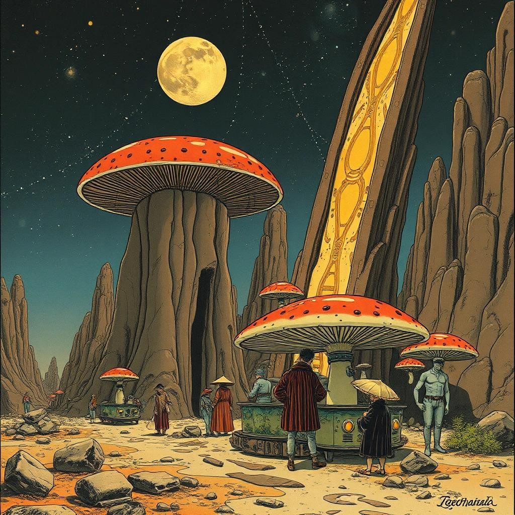 Image with seed 3892737156 generated via Stable Diffusion through @stablehorde@sigmoid.social. Prompt: Forgotten Future's Spirit of Misfortune, Futuristic Sci-Fi Biopunk Art Nouveau, Moebius, Enki Bilal, psychedelic, magic mushrooms