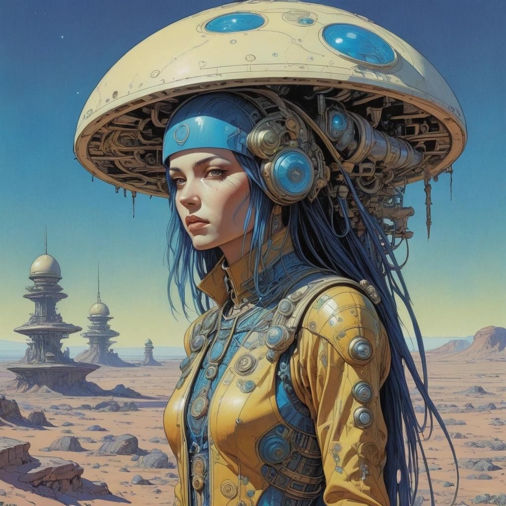 Image with seed 2099768598 generated via Stable Diffusion through @stablehorde@sigmoid.social. Prompt: Forgotten Future's Spirit of Misfortune, Futuristic Sci-Fi Biopunk Art Nouveau, Moebius, Enki Bilal, psychedelic, magic mushrooms 