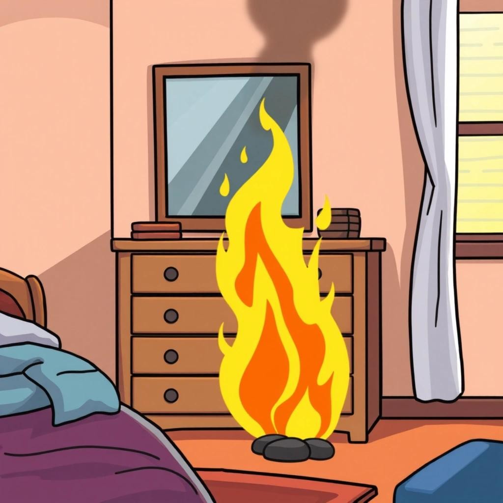 Image with seed 2210068092 generated via Stable Diffusion through @stablehorde@sigmoid.social. Prompt: a picture of a bedroom dresser in a cartoon style.The bedroom dresser is for clothes and is in a bedroom.The bedroom dresser is on fire.Nothing else is on fire.