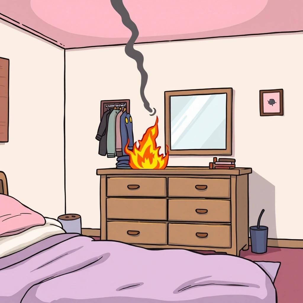 Image with seed 2210068092 generated via Stable Diffusion through @stablehorde@sigmoid.social. Prompt: a picture of a bedroom dresser in a cartoon style.The bedroom dresser is for clothes and is in a bedroom.The bedroom dresser is on fire.Nothing else is on fire.