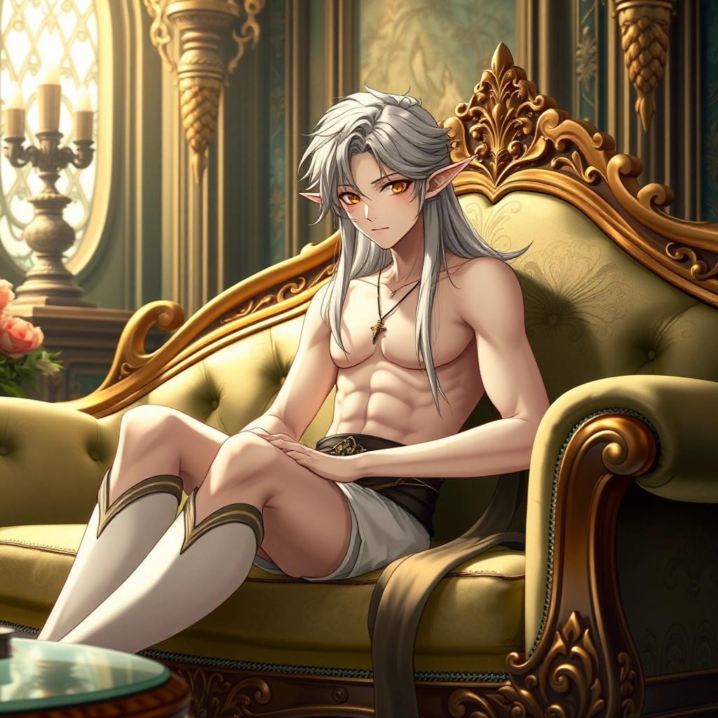 Image with seed 3828906348 generated via Stable Diffusion through @stablehorde@sigmoid.social. Prompt: A handsome Elf Prince sitting on a luxurious sofa, male, bishounen, skinny, long hair, pointy ears, fantasy, art nouveau furniture, Elven palace, (masterpiece), best quality, expressive eyes, perfect face