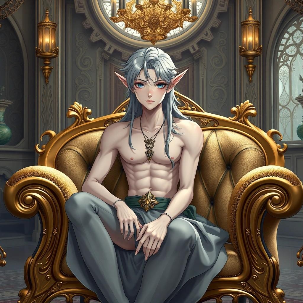 Image with seed 3828906348 generated via Stable Diffusion through @stablehorde@sigmoid.social. Prompt: A handsome Elf Prince sitting on a luxurious sofa, male, bishounen, skinny, long hair, pointy ears, fantasy, art nouveau furniture, Elven palace, (masterpiece), best quality, expressive eyes, perfect face