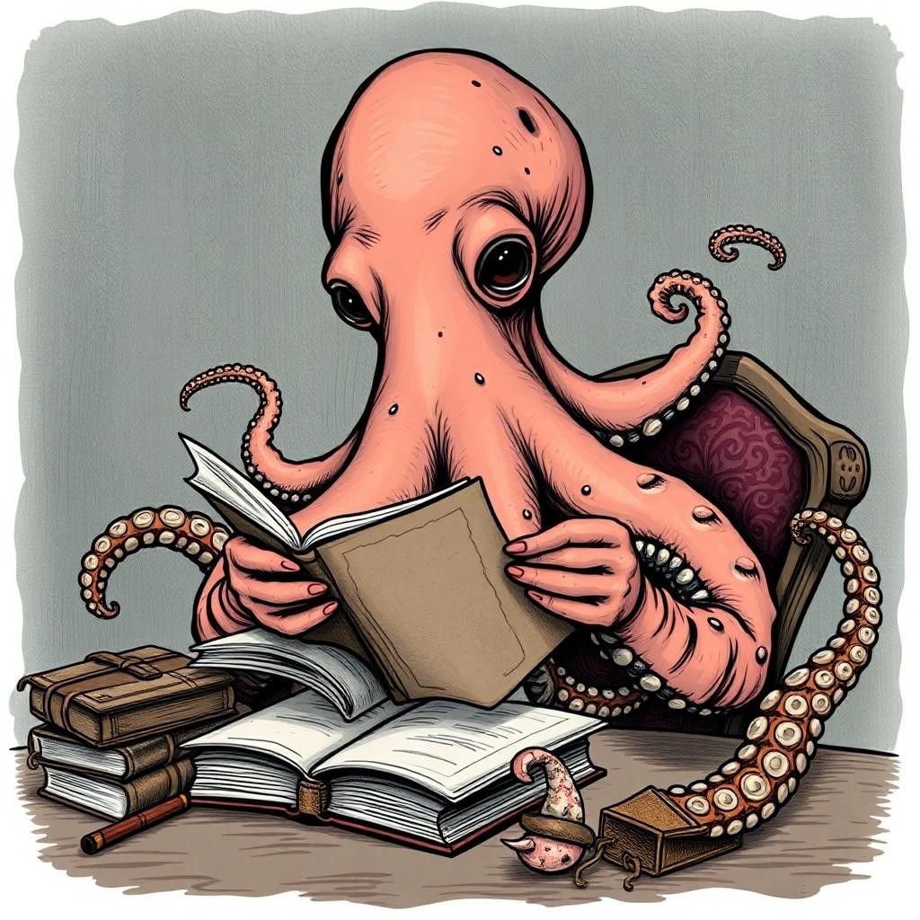 Image with seed 3785733389 generated via Stable Diffusion through @stablehorde@sigmoid.social. Prompt: a picture of an octopus writing a novel in the victorian style.