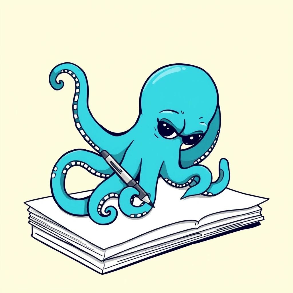 Image with seed 1601327696 generated via Stable Diffusion through @stablehorde@sigmoid.social. Prompt: a picture of an octopus writing on a stack of paper.  The octopus should be holding a pen. Octopi do not have fingers. Do not draw fingers.