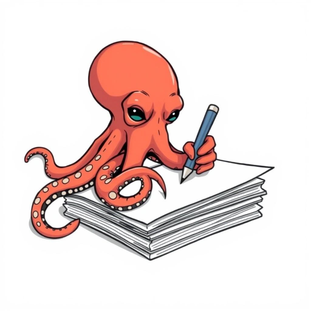 Image with seed 1601327696 generated via Stable Diffusion through @stablehorde@sigmoid.social. Prompt: a picture of an octopus writing on a stack of paper.  The octopus should be holding a pen. Octopi do not have fingers. Do not draw fingers.