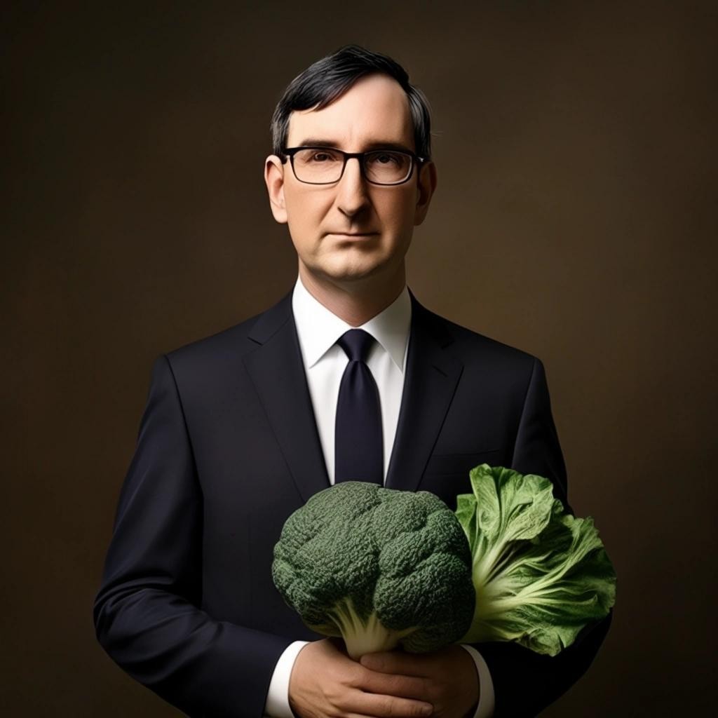 Image with seed 2880636345 generated via Stable Diffusion through @stablehorde@sigmoid.social. Prompt: the wedding of John Oliver and the Cabbage 