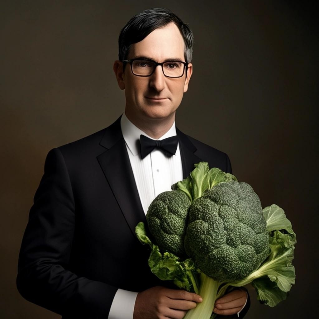 Image with seed 2471070233 generated via Stable Diffusion through @stablehorde@sigmoid.social. Prompt: the wedding of John Oliver and the Cabbage 