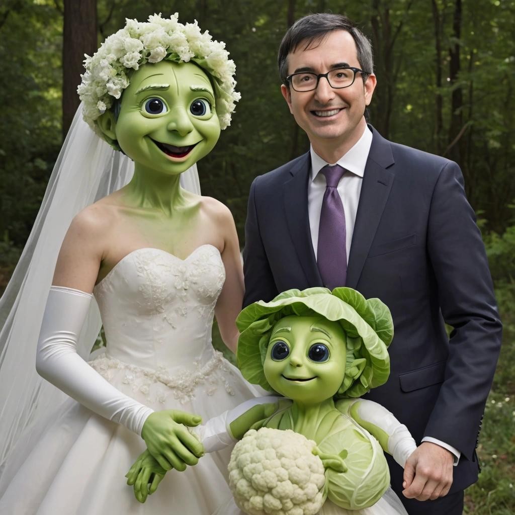 Image with seed 3993562395 generated via Stable Diffusion through @stablehorde@sigmoid.social. Prompt: a very happy John Oliver getting married to a humanoid cabbage wearing a wedding dress 