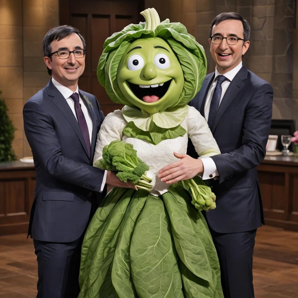 Image with seed 3606878580 generated via Stable Diffusion through @stablehorde@sigmoid.social. Prompt: a very happy John Oliver getting married to a humanoid cabbage wearing a wedding dress 