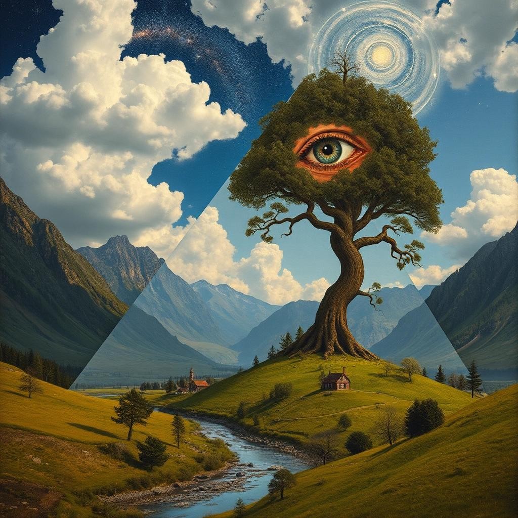 Image with seed 4165768367 generated via Stable Diffusion through @stablehorde@sigmoid.social. Prompt: Triangular reality. Landscape and small village by river. Fanastic style of Thomas Wells Schaller and Egon Schiele. highland landscape in mountains, surrealistic details. Twisted trees,eye in the sky, giagantic tree that reaches the sky yggdrasil, by Tim Burton, William Blake and Gustav Klimt. Sky is clouds with astronomy photo details of galaxies and star clusters