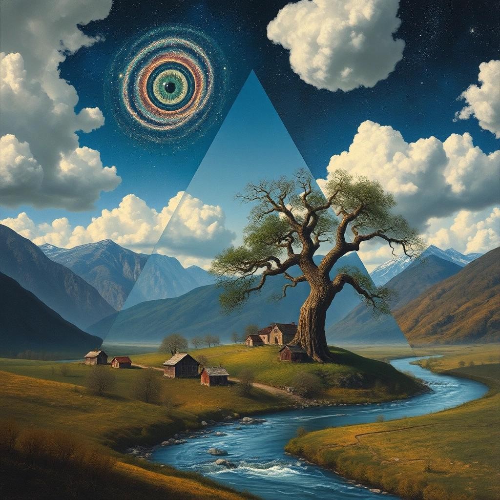 Image with seed 4165768367 generated via Stable Diffusion through @stablehorde@sigmoid.social. Prompt: Triangular reality. Landscape and small village by river. Fanastic style of Thomas Wells Schaller and Egon Schiele. highland landscape in mountains, surrealistic details. Twisted trees,eye in the sky, giagantic tree that reaches the sky yggdrasil, by Tim Burton, William Blake and Gustav Klimt. Sky is clouds with astronomy photo details of galaxies and star clusters