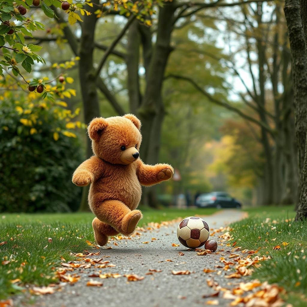 Image with seed 2554319035 generated via Stable Diffusion through @stablehorde@sigmoid.social. Prompt: a little teddybear kicking some chestnuts like football on a small Park way with chestnut trees and other trees style flux