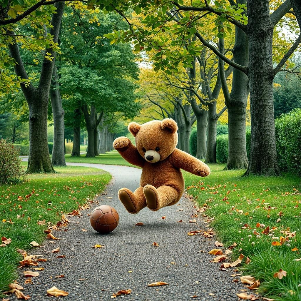 Image with seed 2554319035 generated via Stable Diffusion through @stablehorde@sigmoid.social. Prompt: a little teddybear kicking some chestnuts like football on a small Park way with chestnut trees and other trees style flux