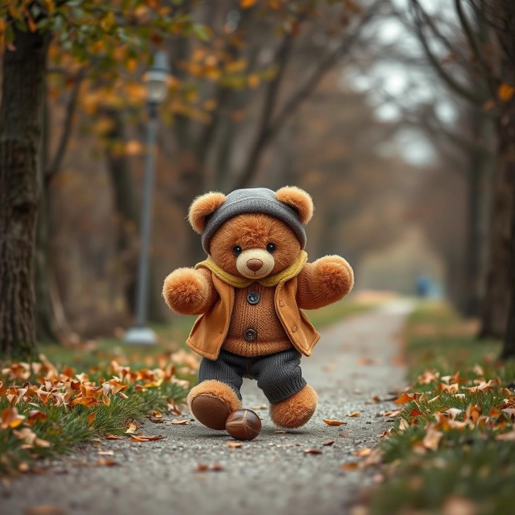 Image with seed 3955884825 generated via Stable Diffusion through @stablehorde@sigmoid.social. Prompt: a little teddybear with clothes on kicking a chestnut on a small park way with chestnut trees and other trees style flux