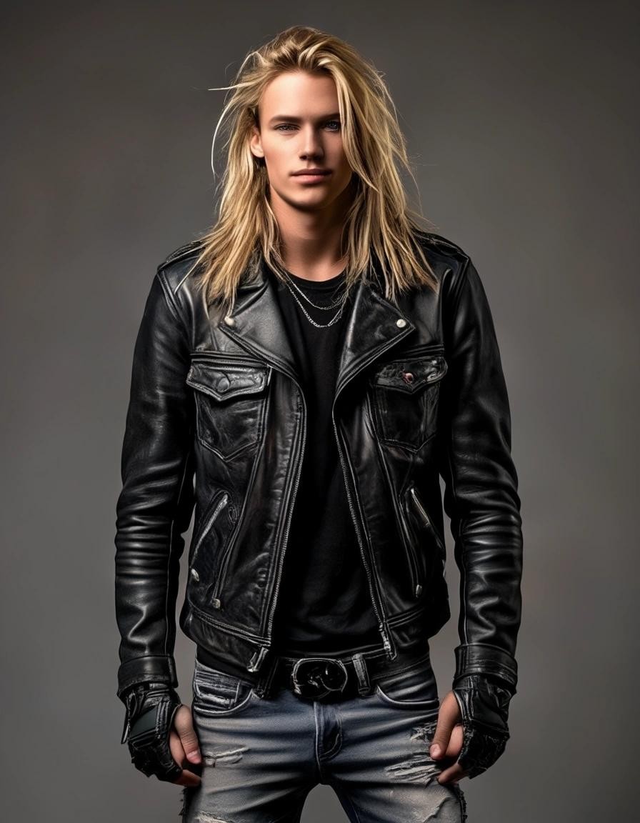 Image with seed 2947144574 generated via Stable Diffusion through @stablehorde@sigmoid.social. Prompt: a tall, slender, handsome male headbanger from Austria, young man, long blond hair, beautiful eyes, boyish smile, black leather jacket, torn jeans, biker boots, heavy metal 