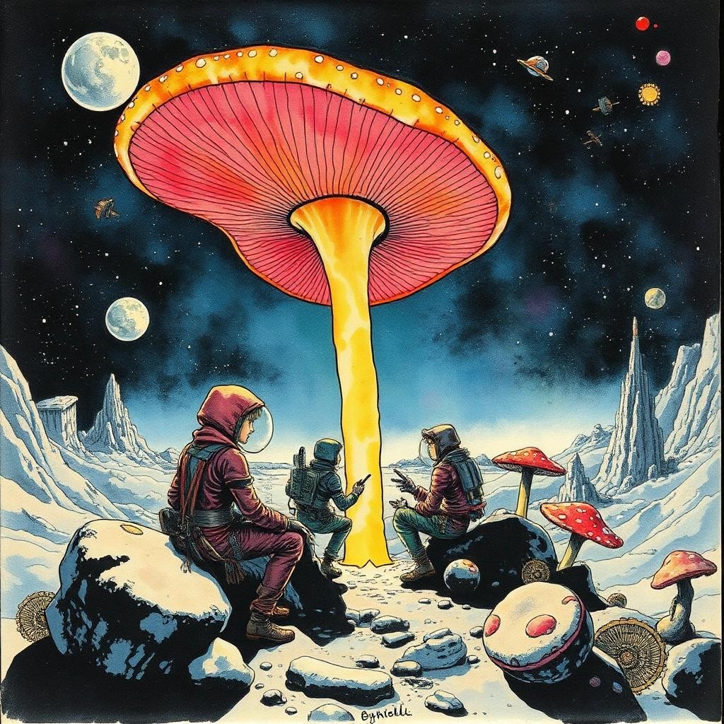 Image with seed 545590812 generated via Stable Diffusion through @stablehorde@sigmoid.social. Prompt: Space hippies of the 35th century, comic book art, watercolour on black ink drawing, science fiction, space opera, fantasy, surrealism, psychedelic, magic mushrooms, colourful, Moebius, Enki Bilal