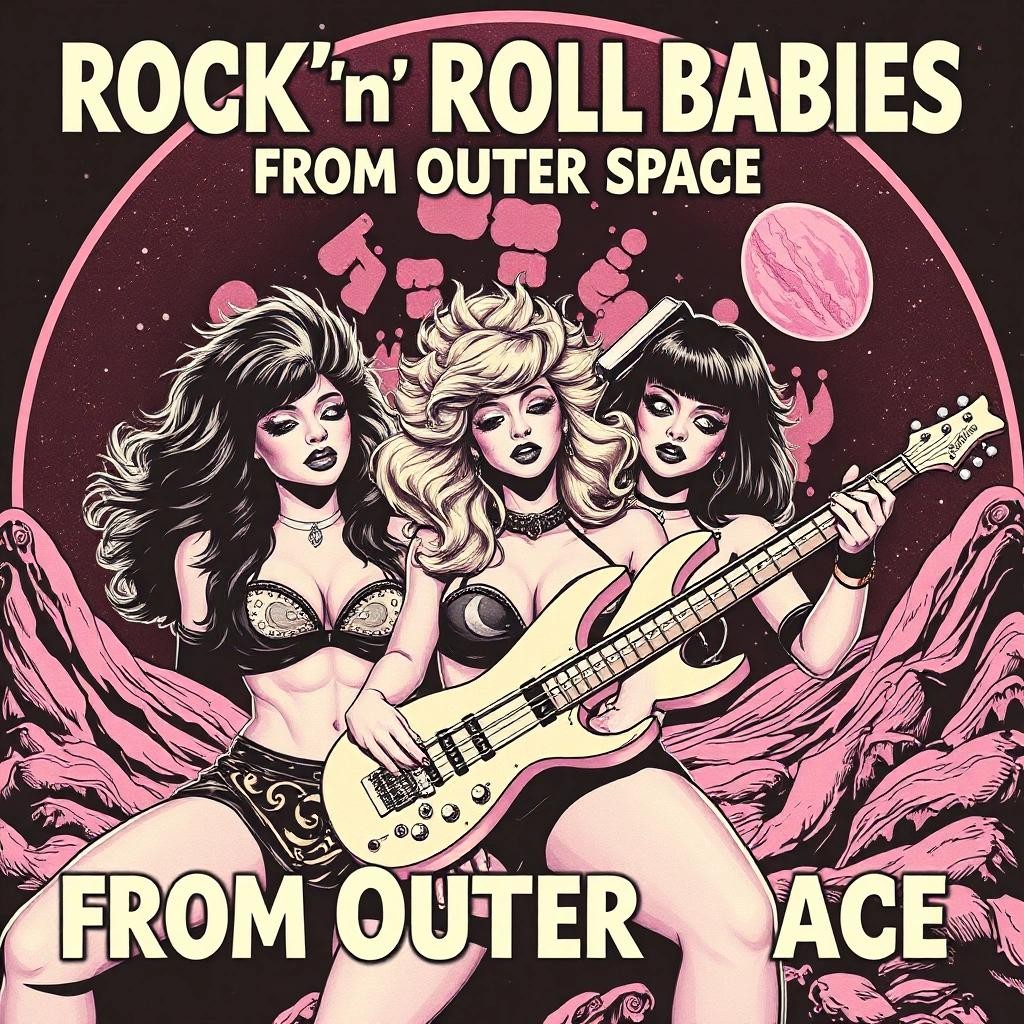 Image with seed 3243584962 generated via Stable Diffusion through @stablehorde@sigmoid.social. Prompt: Rock'n'Roll Babes From Outer Space