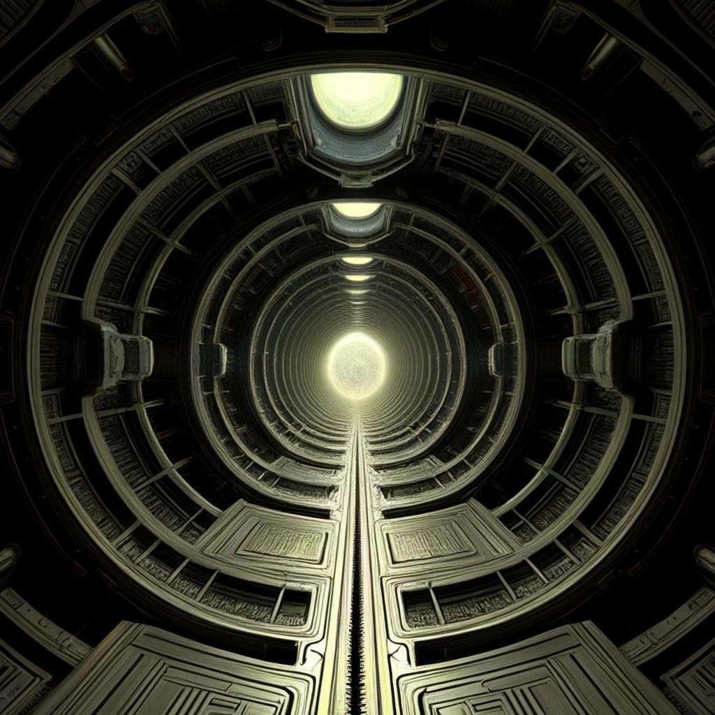 Image with seed 3419176442 generated via Stable Diffusion through @stablehorde@sigmoid.social. Prompt: inside an alien starship, fractal design, mandelbulb gothic, strange, disturbing, uncanny, mandelbrot surrealism, science fiction, horror, surrealism 