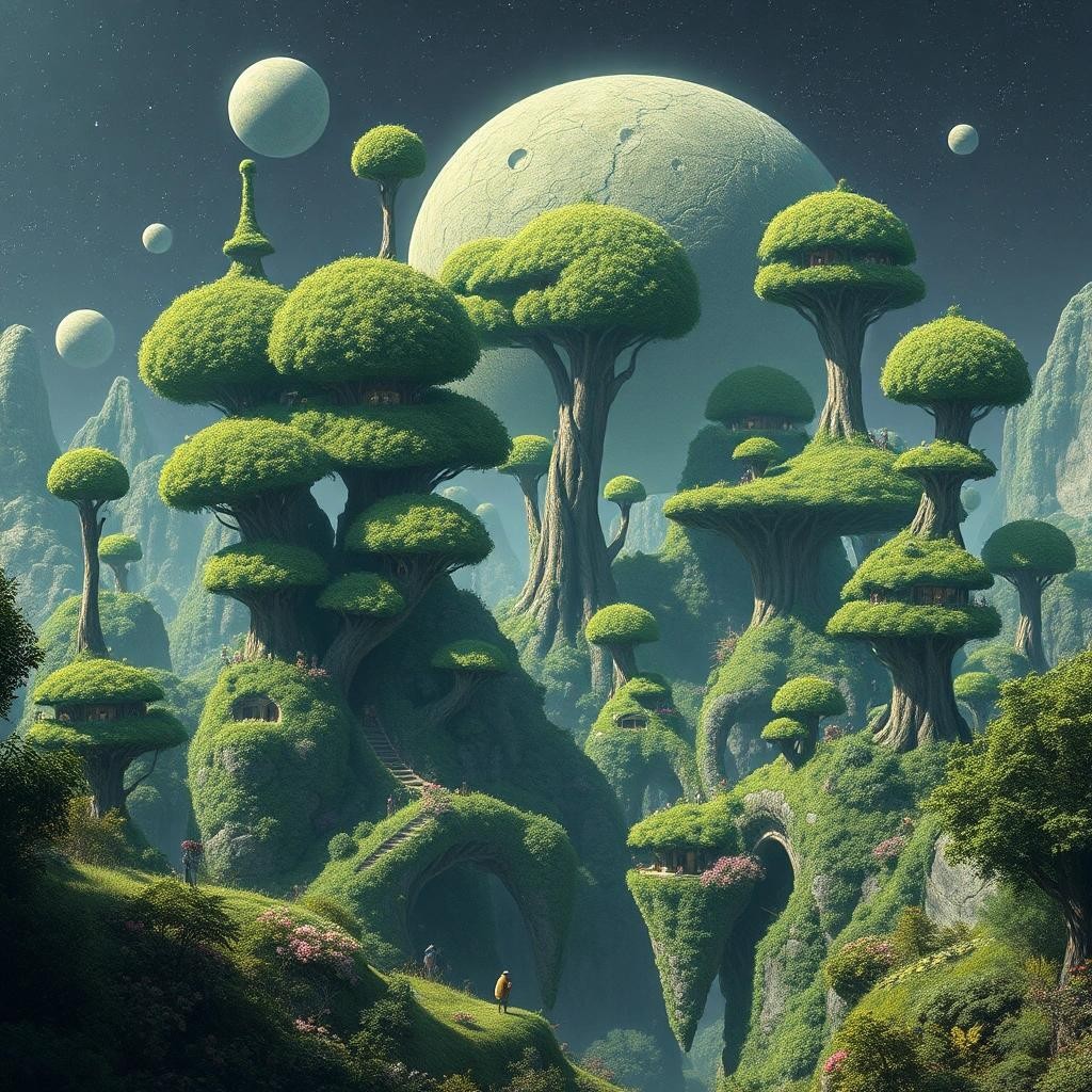 Image with seed 2196985690 generated via Stable Diffusion through @stablehorde@sigmoid.social. Prompt: Planet of the Space Elves, a city of lush green biomorphic treehouses, fantasy, science fiction, scifi, far future, alien planet, lush vegetation, alien lifeforms, whimsical, fairy world
