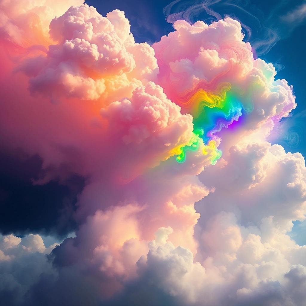 Image with seed 606095853 generated via Stable Diffusion through @stablehorde@sigmoid.social. Prompt: Versace cumulonimbus clouds, swirling rainbow smoke intertwined with clouds, LSD rain, psychedelic hallucinations bending light, psilocybin, realistic, high detail