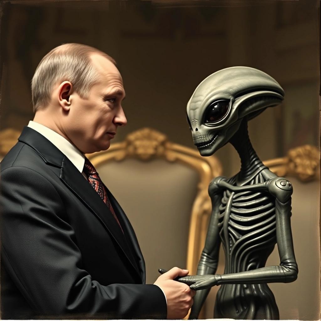 Image with seed 2704405851 generated via Stable Diffusion through @stablehorde@sigmoid.social. Prompt: Vladimir Putin meets the alien ambassador