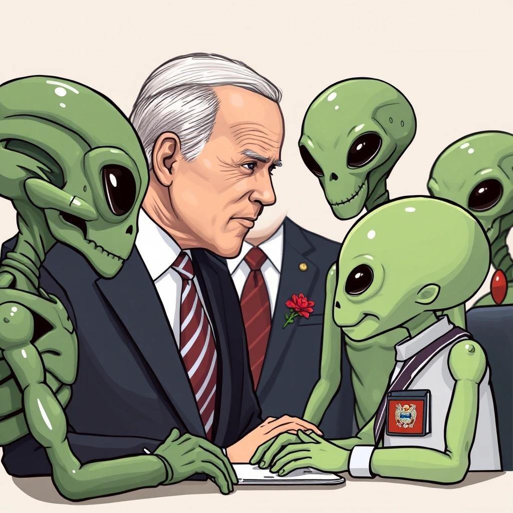 Image with seed 678322313 generated via Stable Diffusion through @stablehorde@sigmoid.social. Prompt: Joe Biden meets the alien ambassador