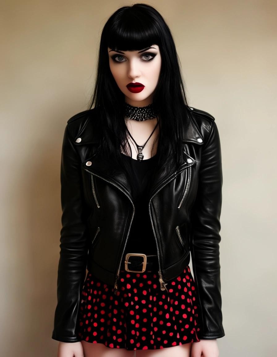 Image with seed 2892626329 generated via Stable Diffusion through @stablehorde@sigmoid.social. Prompt: Modern day Snow White as a rocker chick, very pale skin, red lips, long shiny black hair with Bettie Page bangs, black leather jacket, black Dr Martens boots, leopard print miniskirt 