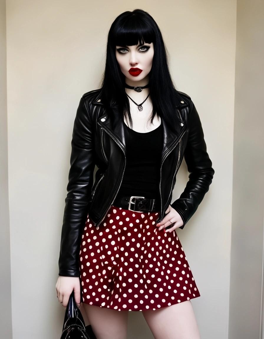 Image with seed 2892626329 generated via Stable Diffusion through @stablehorde@sigmoid.social. Prompt: Modern day Snow White as a rocker chick, very pale skin, red lips, long shiny black hair with Bettie Page bangs, black leather jacket, black Dr Martens boots, leopard print miniskirt 