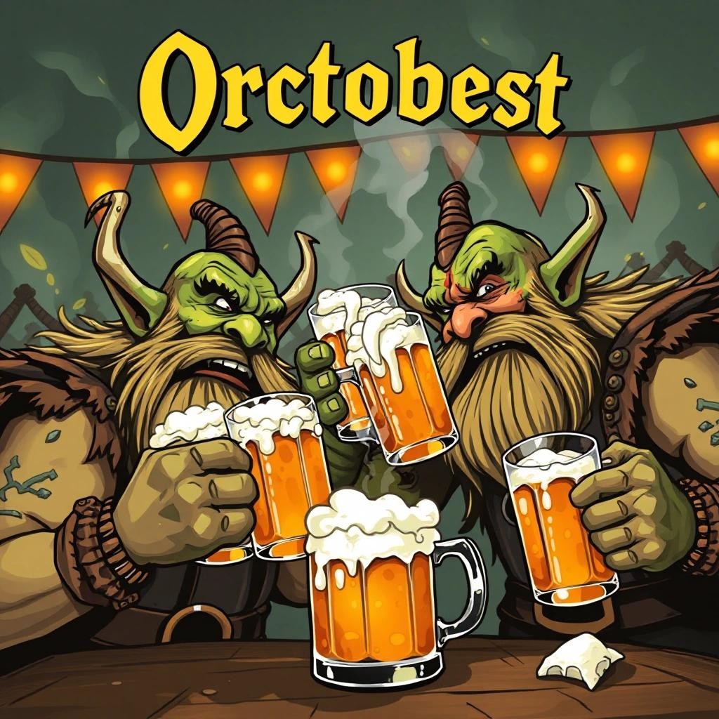 Image with seed 857070538 generated via Stable Diffusion through @stablehorde@sigmoid.social. Prompt: orcs partying and drinking beer from huge steins at Orctoberfest