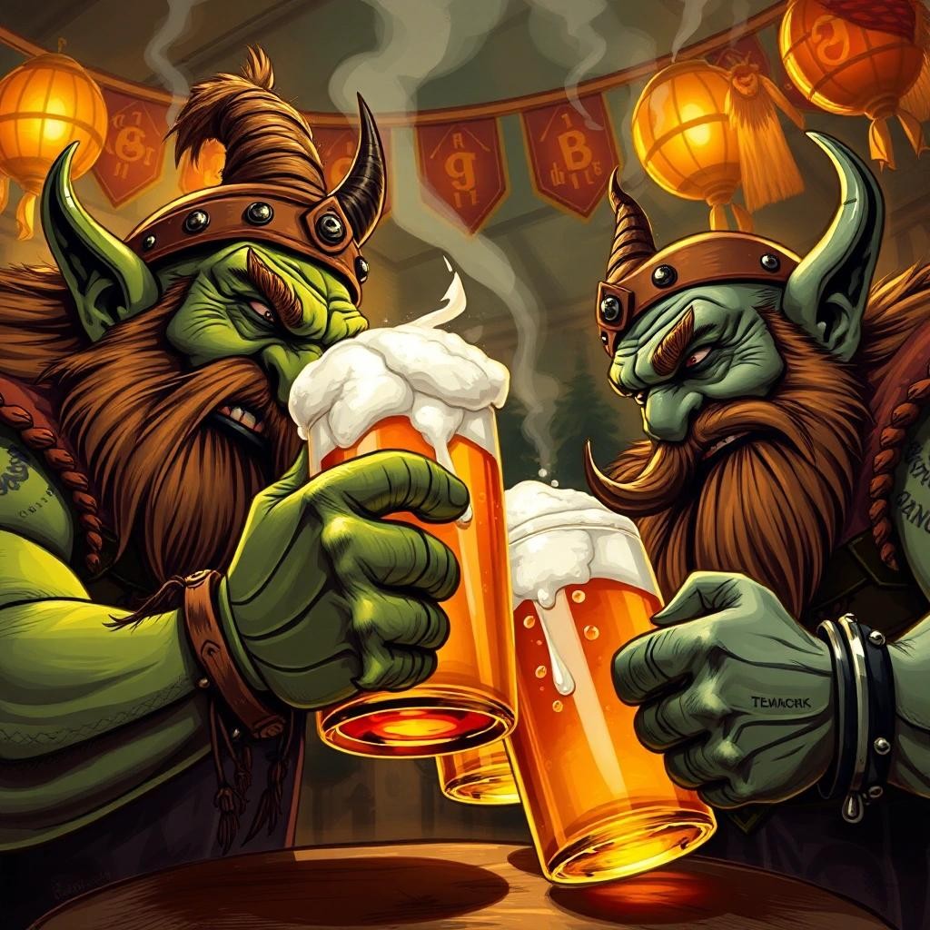 Image with seed 857070538 generated via Stable Diffusion through @stablehorde@sigmoid.social. Prompt: orcs partying and drinking beer from huge steins at Orctoberfest