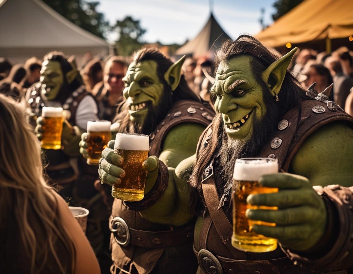 Image with seed 254595707 generated via Stable Diffusion through @stablehorde@sigmoid.social. Prompt: orcs partying and drinking beer from huge steins at Orctoberfest 