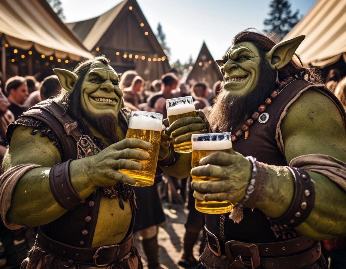 Image with seed 254595707 generated via Stable Diffusion through @stablehorde@sigmoid.social. Prompt: orcs partying and drinking beer from huge steins at Orctoberfest 