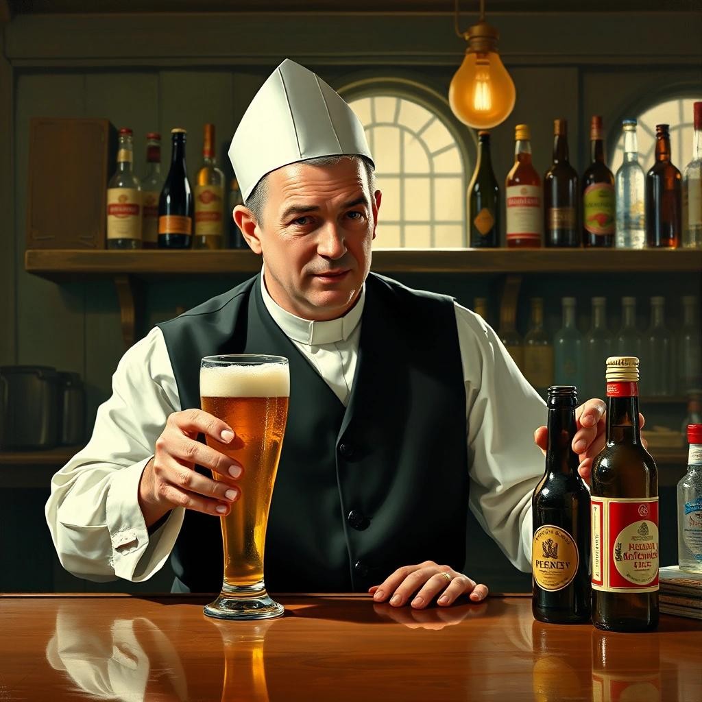 Image with seed 3791454384 generated via Stable Diffusion through @stablehorde@sigmoid.social. Prompt: a bartender serving a beer while dressed as a priest, realistic, Norman Rockwell style