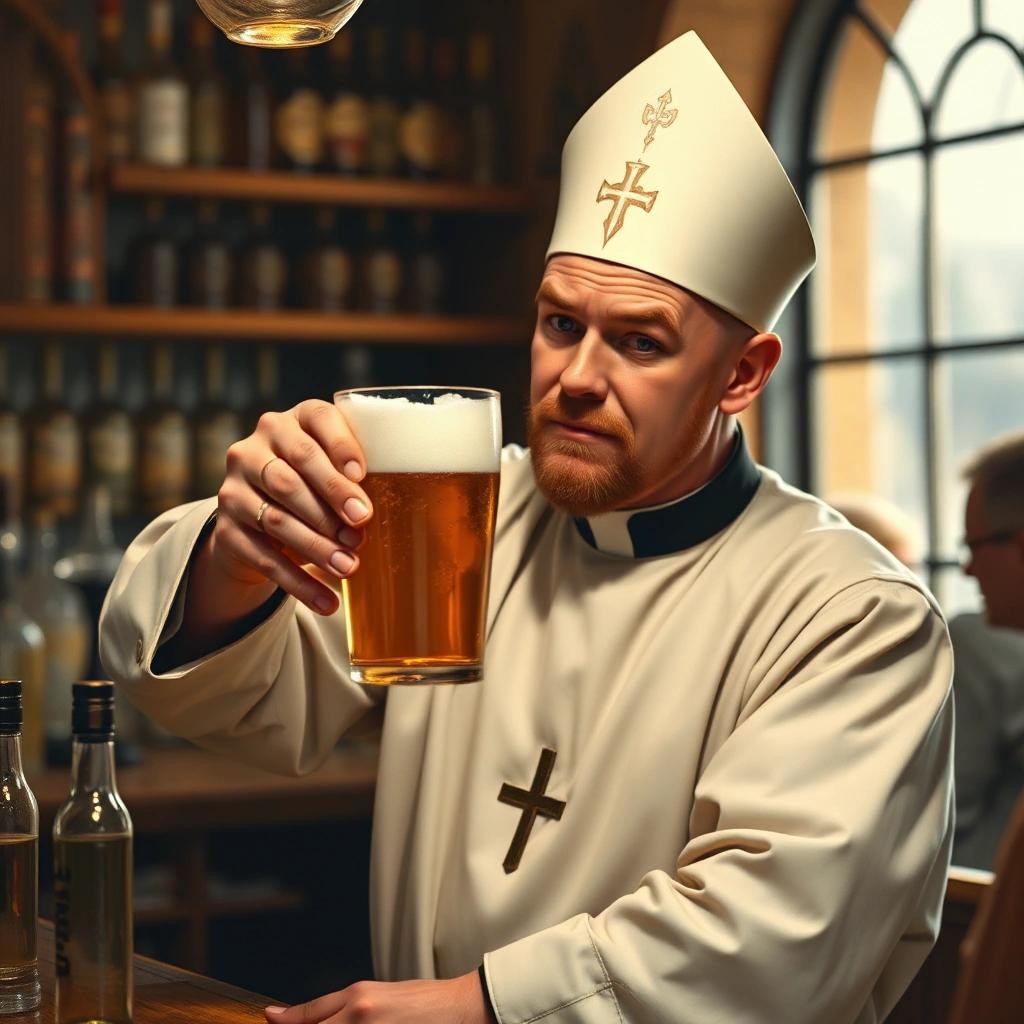 Image with seed 3791454384 generated via Stable Diffusion through @stablehorde@sigmoid.social. Prompt: a bartender serving a beer while dressed as a priest, realistic, Norman Rockwell style