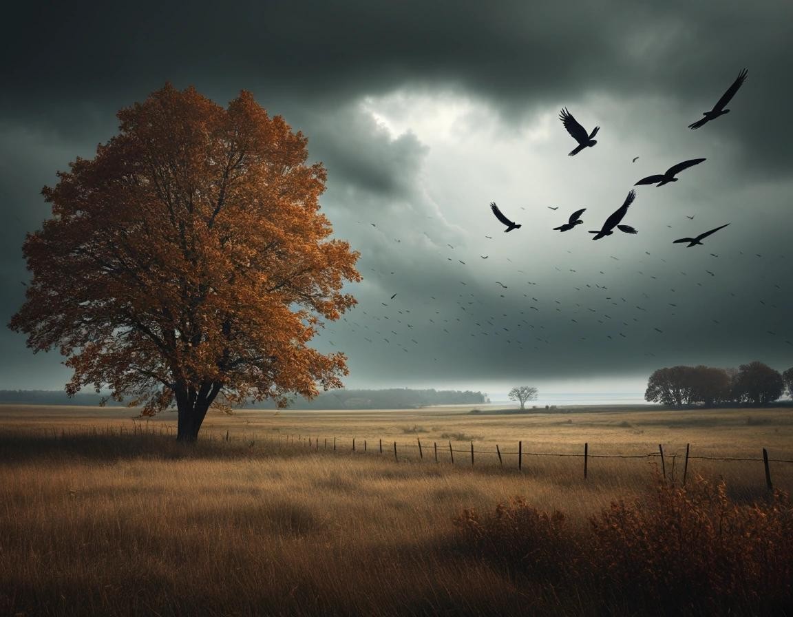 Image with seed 1180804000 generated via Stable Diffusion through @stablehorde@sigmoid.social. Prompt: landscape scene with bending trees by a strong autumn storm over an almost plain meadow with rain and fog dark clouds some segulls flying against the wind 