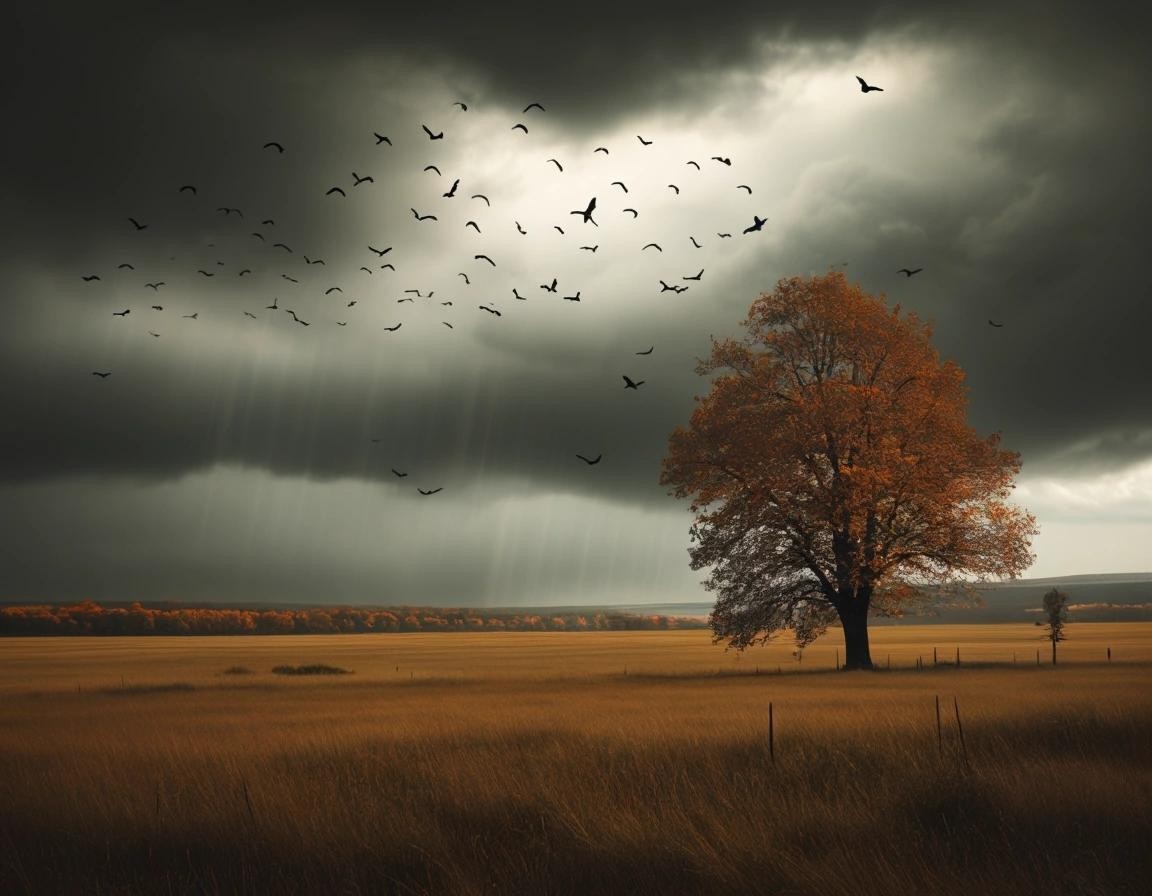 Image with seed 1180804000 generated via Stable Diffusion through @stablehorde@sigmoid.social. Prompt: landscape scene with bending trees by a strong autumn storm over an almost plain meadow with rain and fog dark clouds some segulls flying against the wind 