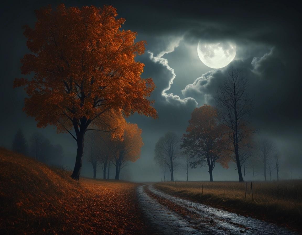 Image with seed 3770846114 generated via Stable Diffusion through @stablehorde@sigmoid.social. Prompt: landscape scene with a line of strong bending trees by a strong autumn storm with rain and fog dark clouds autumn moon 