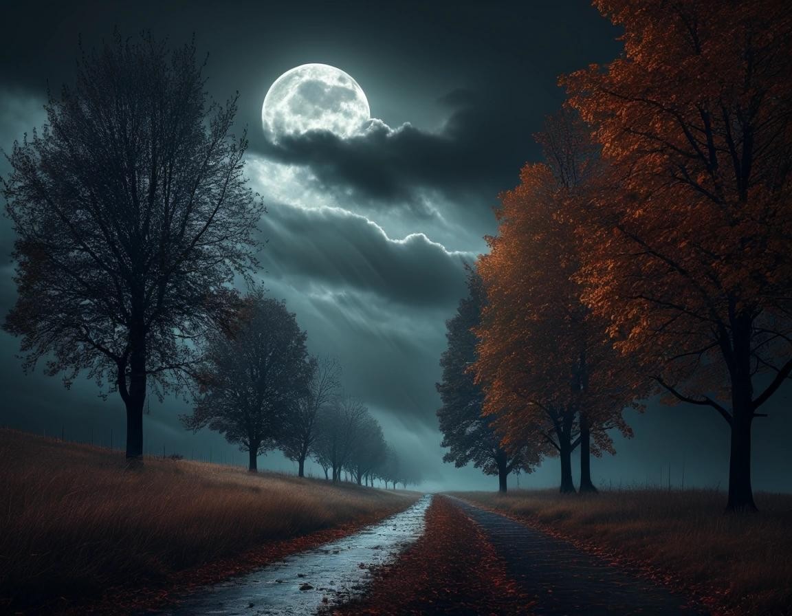 Image with seed 3770846114 generated via Stable Diffusion through @stablehorde@sigmoid.social. Prompt: landscape scene with a line of strong bending trees by a strong autumn storm with rain and fog dark clouds autumn moon 