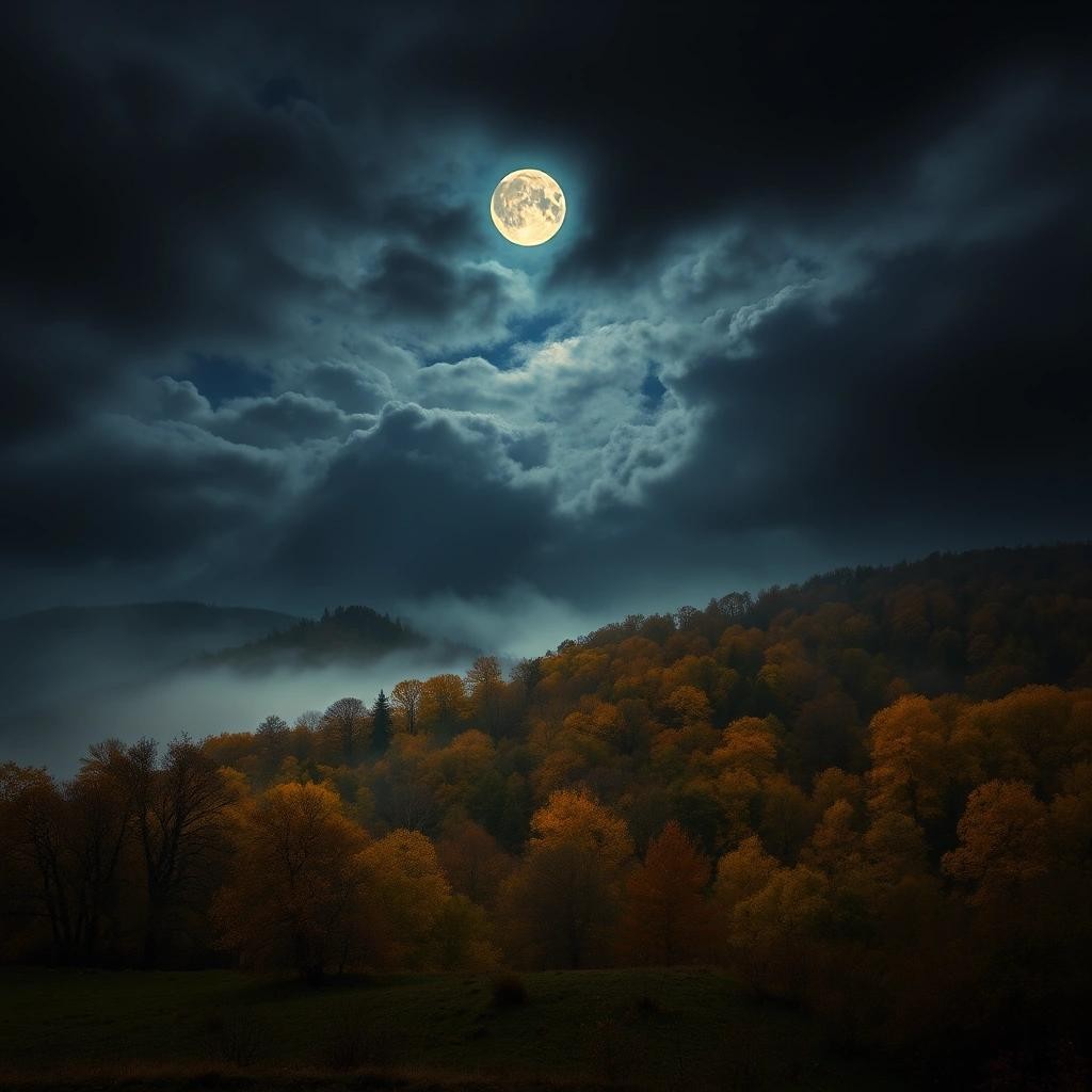 Image with seed 3537880874 generated via Stable Diffusion through @stablehorde@sigmoid.social. Prompt: a landscape scene autumn storm dark clouds fog night autumn moon moor ghosts light mystical mysterious style cascade-landscape