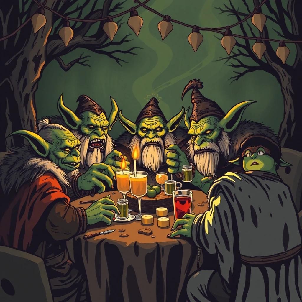 Image with seed 1774567344 generated via Stable Diffusion through @stablehorde@sigmoid.social. Prompt: Orcs having a party to celebrate Orctober