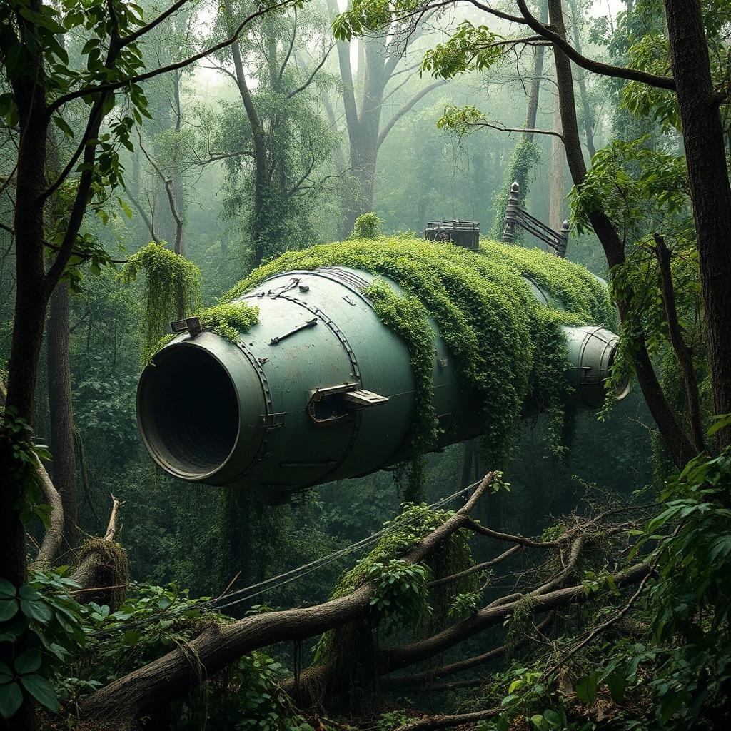 Image with seed 3871401237 generated via Stable Diffusion through @stablehorde@sigmoid.social. Prompt: Old alien spaceship in the jungle overgrown with vines and vegetation fallen trees sci-fi steampunk