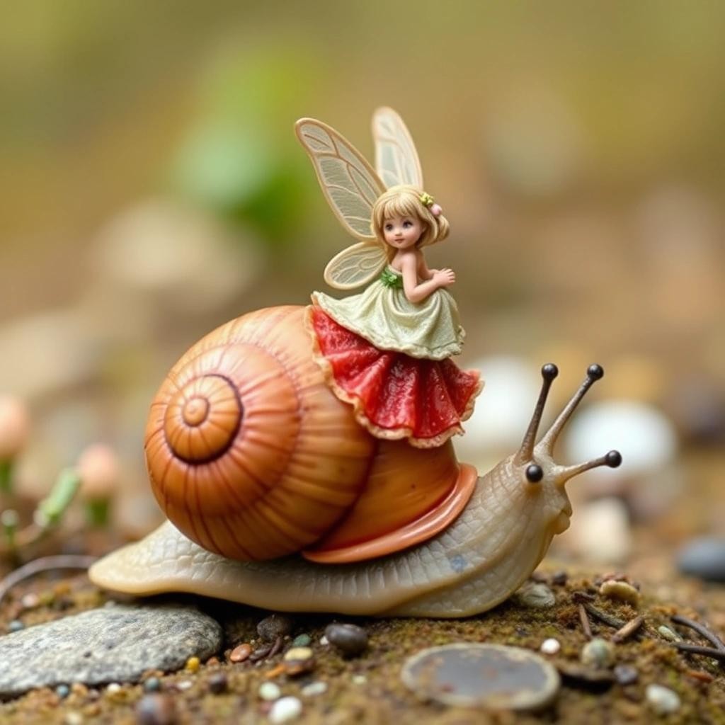 Image with seed 4084786006 generated via Stable Diffusion through @stablehorde@sigmoid.social. Prompt: a tiny fairy riding a big snail