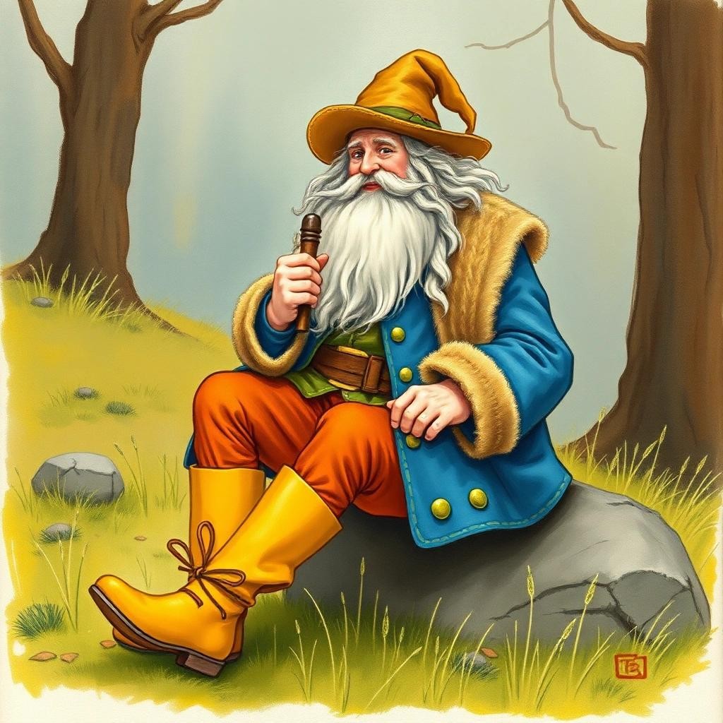 Image with seed 238431374 generated via Stable Diffusion through @stablehorde@sigmoid.social. Prompt: Old Tom Bombadil is a merry fellow Bright blue his jacket is and his boots are yellow