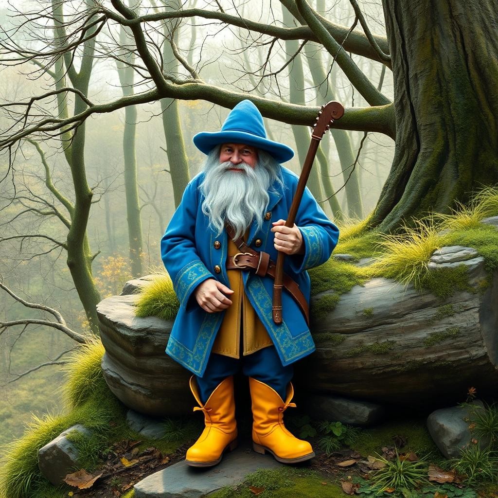 Image with seed 238431374 generated via Stable Diffusion through @stablehorde@sigmoid.social. Prompt: Old Tom Bombadil is a merry fellow Bright blue his jacket is and his boots are yellow