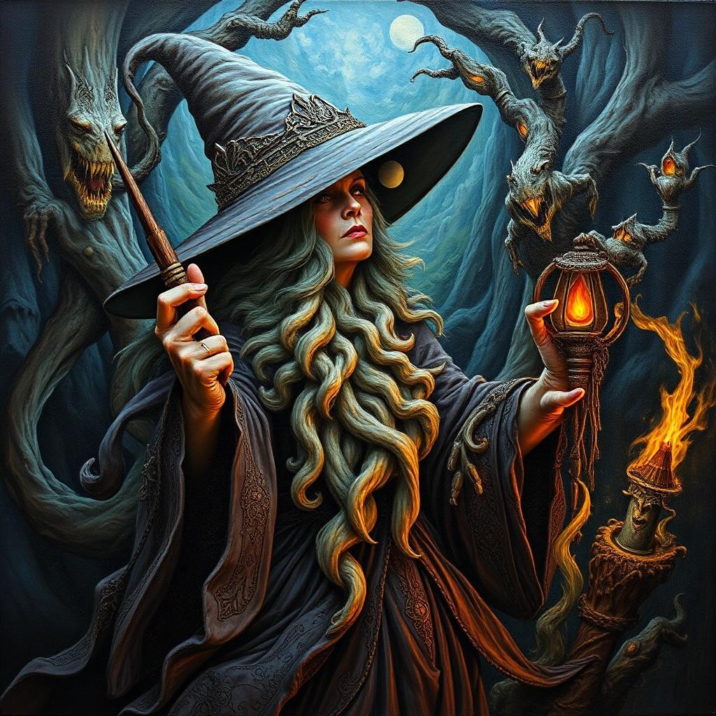 Image with seed 2826432007 generated via Stable Diffusion through @stablehorde@sigmoid.social. Prompt: The Wise Witch, Hulda Brimm of Oldwynton , fantasy, intricate, oil on canvas, dynamic lighting, ultra detailed, Jacek Yerka, Alex Grey, Thomas Hart Benton