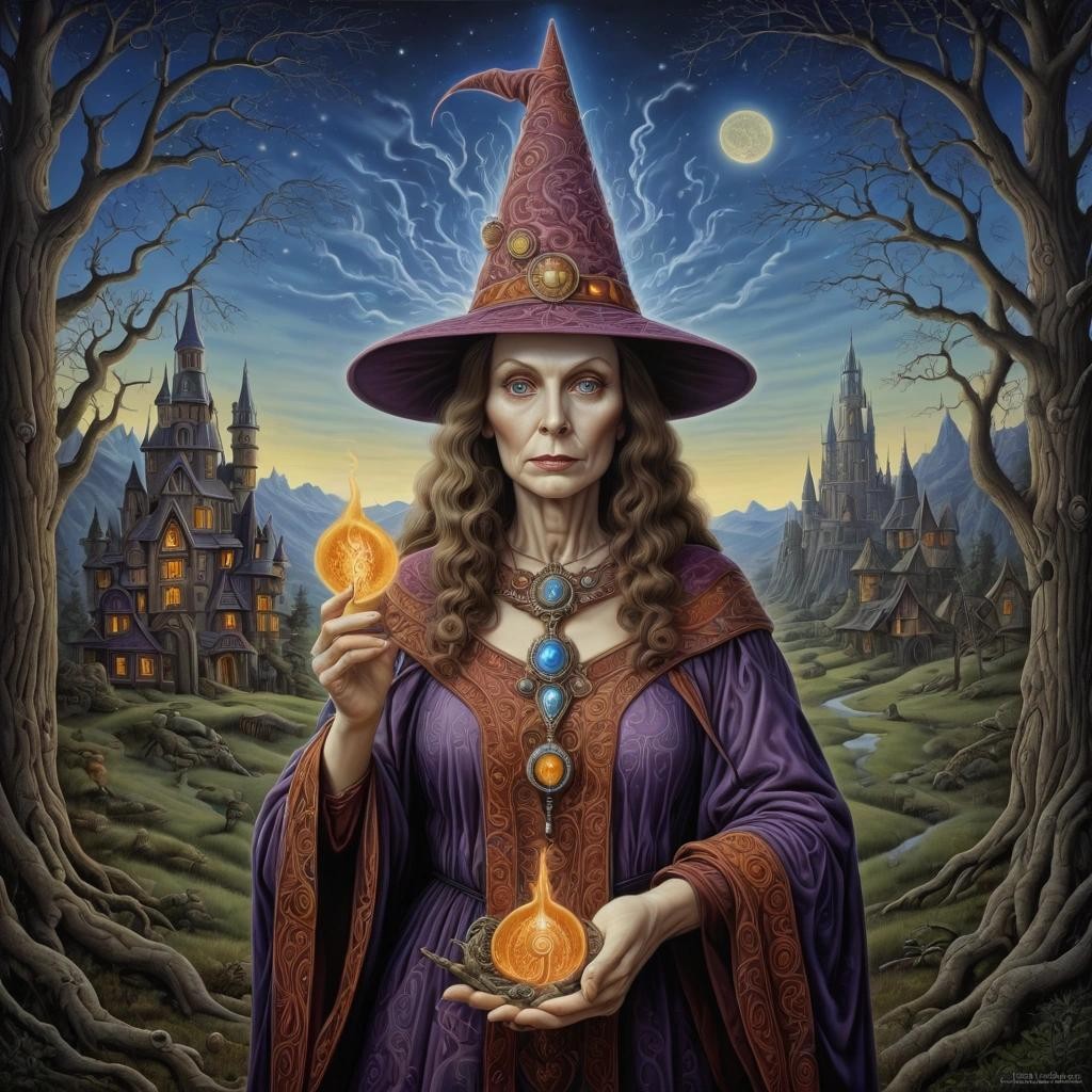 Image with seed 3527844691 generated via Stable Diffusion through @stablehorde@sigmoid.social. Prompt: The Wise Witch, Hulda Brimm of Oldwynton , fantasy, intricate, oil on canvas, dynamic lighting, ultra detailed, Jacek Yerka, Alex Grey, Thomas Hart Benton 