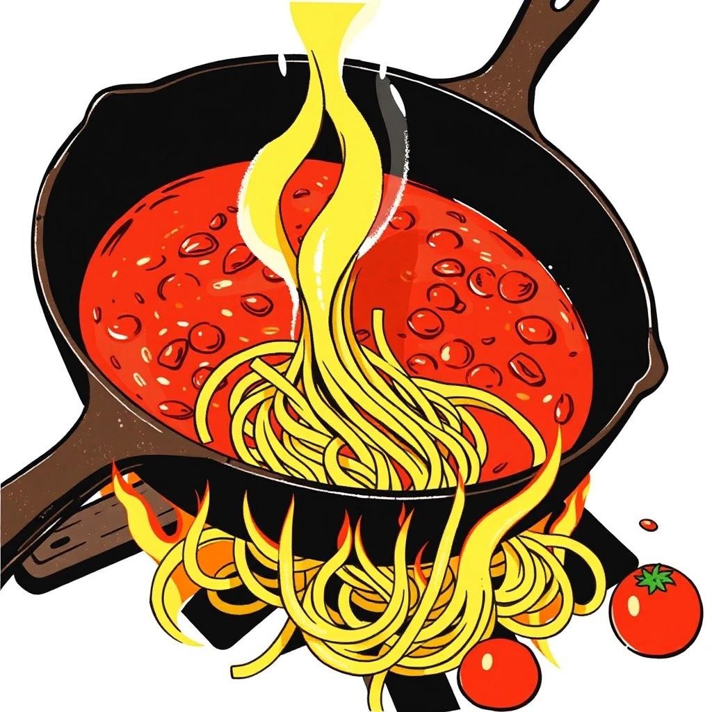 Image with seed 2532796430 generated via Stable Diffusion through @stablehorde@sigmoid.social. Prompt: a burning cast iron pan filled with spaghetti in tomato sugo. Make it a drawing like in 1950s advertising.