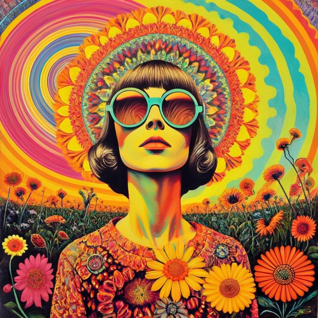 Image with seed 3489333552 generated via Stable Diffusion through @stablehorde@sigmoid.social. Prompt: What A Strange Trip It Has Been, My Friend. Psychedelic Surrealism, counterculture, Fluxus, flower power, 1960s, 1970s, hippie 