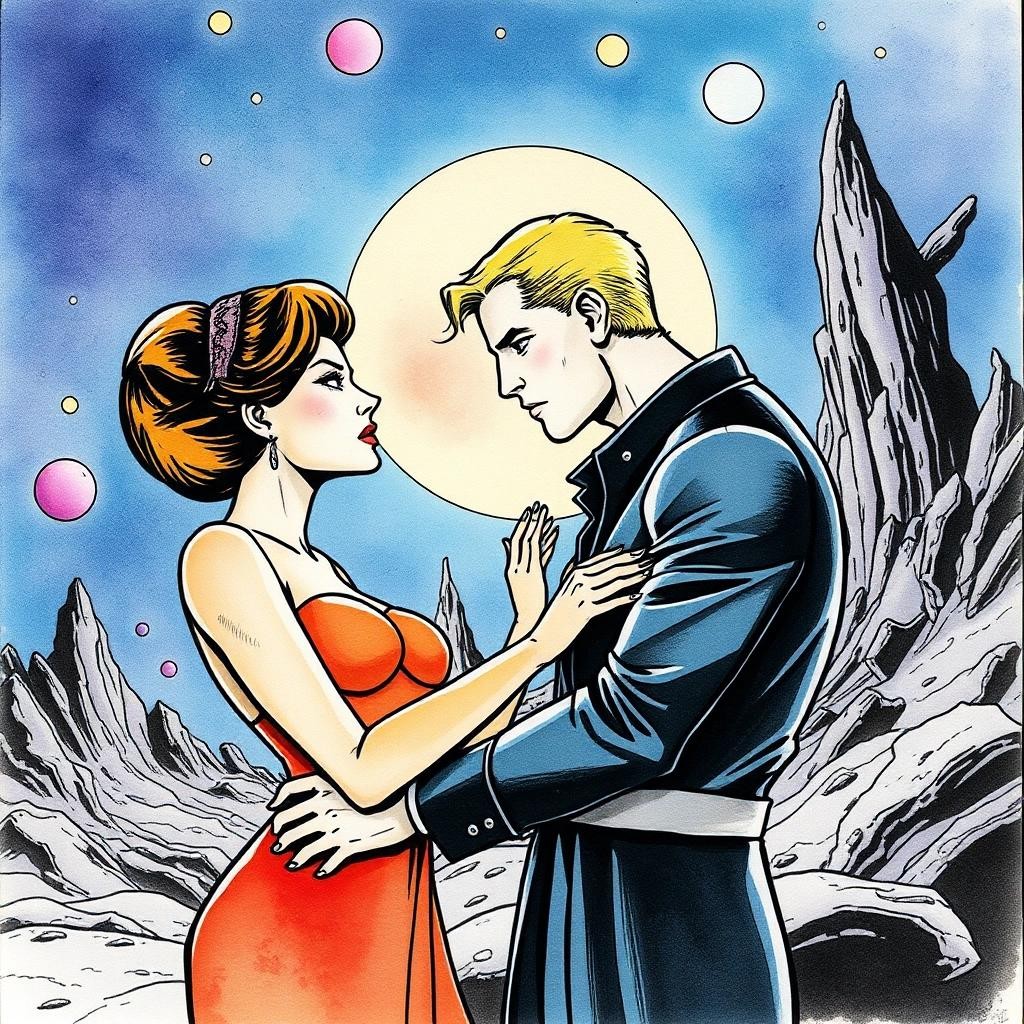 Image with seed 1946475394 generated via Stable Diffusion through @stablehorde@sigmoid.social. Prompt: 35th Century Love Story, graphic novel, comic book, watercolour on black ink lineart, science fiction, space opera, fantasy, Moebius, Fantastic Planet, The Time Masters, Scavengers Reign